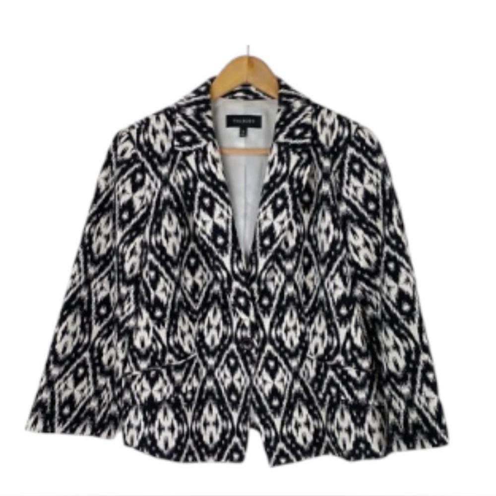 Talbots Black White Ikat Geometric Print Lined Statement Blazer Jacket Sz 8